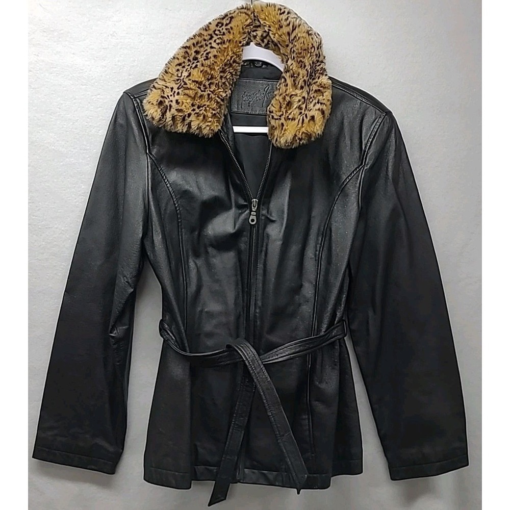 Jaqueline Ferrar Leather Jacket with Removable Faux Cheetah Collar Size M‎